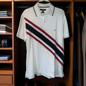 Tommy Hilfiger Men’s Banner Stripe Logo Regular Fit White Polo Shirt